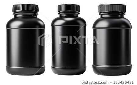 Black plastic pill or supplement container with screw cap on white background, concept of packaging and product branding 133426451