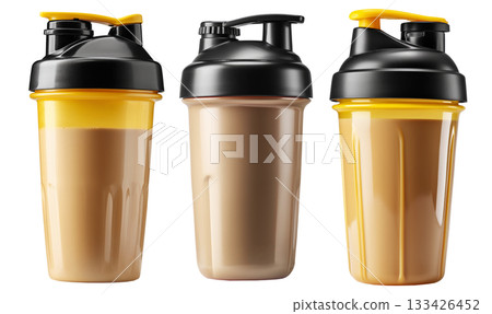 Shaker cup filled with chocolate protein shake, isolated on white transparent background, concept of fitness nutrition Shaker cup filled with chocolate protein shake, isolated on white transparent background, concept of fitness nutrition 133426452