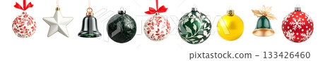 Various Christmas ornaments including baubles, stars, pine cone isolated on white background, New Yeaw and Christmas holidays Various Christmas ornaments including baubles, stars, pine cone isolated on white background, New Yeaw and Christmas holidays 133426460