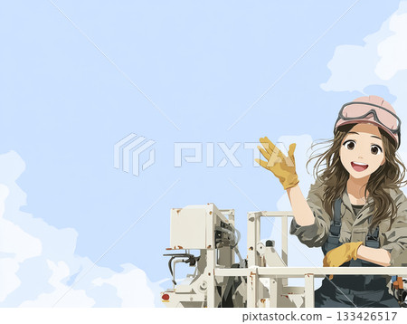 Miyu Series: Aerial work vehicle and blue sky, a bright smiling female engineer 133426517