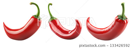 Glossy red chili pepper with a curved shape and green stem isolated on transparent background. Concept of spicy food, cooking, and hot flavor Glossy red chili pepper with a curved shape and green stem isolated on transparent background. Concept of spicy food, cooking, and hot flavor 133426592