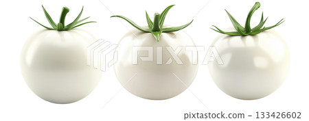 White tomato with a green stem isolated on white transparent background. Unique and rare vegetable concept, symbolizing genetic modification or rarity White tomato with a green stem isolated on white transparent background. Unique and rare vegetable concept, symbolizing genetic modification or rarity 133426602