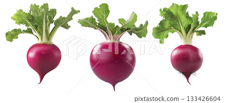 Fresh red turnip with green leaves isolated on white transparent background. Concept of healthy organic vegetables, nutrition, and farming Fresh red turnip with green leaves isolated on white transparent background. Concept of healthy organic vegetables, nutrition, and farming 133426604