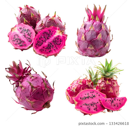 Closeup of pink dragon fruit with green scales isolated on a white transparent background. Exotic and tropical fruits 133426618
