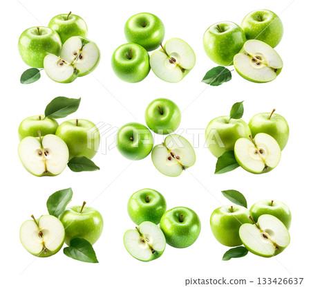 Set of green apples, one sliced in half, with a green leaf isolated on white transparent background 133426637