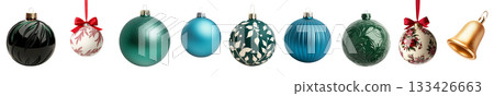 Various Christmas ornaments including baubles, stars, pine cone isolated on white background, New Yeaw and Christmas holidays Various Christmas ornaments including baubles, stars, pine cone isolated on white background, New Yeaw and Christmas holidays 133426663