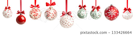 Various Christmas ornaments including baubles, stars, pine cone isolated on white background, New Yeaw and Christmas holidays Various Christmas ornaments including baubles, stars, pine cone isolated on white background, New Yeaw and Christmas holidays 133426664