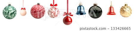 Various Christmas ornaments including baubles, stars, pine cone isolated on white background, New Yeaw and Christmas holidays 133426665