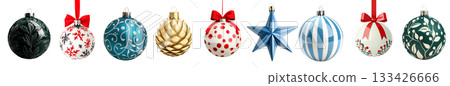 Various Christmas ornaments including baubles, stars, pine cone isolated on white background, New Yeaw and Christmas holidays Various Christmas ornaments including baubles, stars, pine cone isolated on white background, New Yeaw and Christmas holidays 133426666