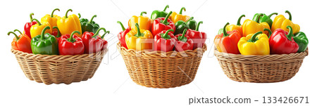 Wicker basket filled with fresh red, yellow, and green bell peppers isolated on white transparent background. Concept of healthy eating, organic vegetables, and nutrition Wicker basket filled with fresh red, yellow, and green bell peppers isolated on white transparent background. Concept of healthy eating, organic vegetables, and nutrition 133426671