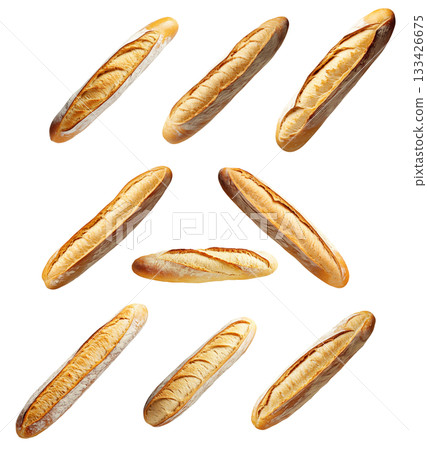 Set of crusty French baguette isolated on white transparent background, concept of fresh bread Set of crusty French baguette isolated on white transparent background, concept of fresh bread 133426675