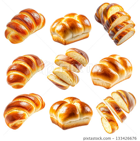 Set of golden-brown brioche loaf, isolated on white transparent background, concept of baked goods Set of golden-brown brioche loaf, isolated on white transparent background, concept of baked goods 133426676