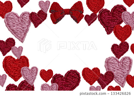 [Heart and ribbon frame] Hand-embroidered illustration material 133426826