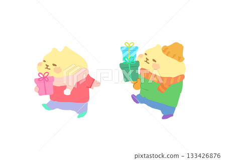 Hand-drawn illustration of a cute cat walking with a gift Hand-drawn illustration of a cute cat walking with a gift 133426876