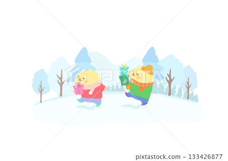 手繪插圖,一隻可愛的貓咪叼著禮物散步。 手繪插圖,一隻可愛的貓咪叼著禮物散步。 133426877