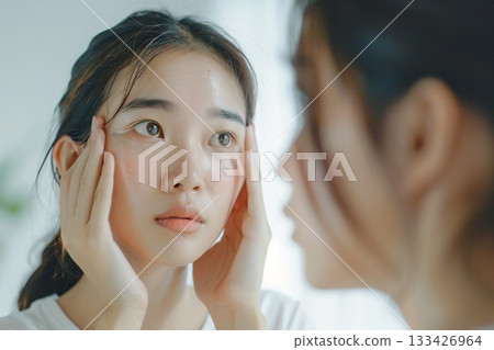 Beautiful woman with bare skin smiling while checking her skin condition in the mirror in the bathroom (skin care) Beautiful woman with bare skin smiling while checking her skin condition in the mirror in the bathroom (skin care) 133426964