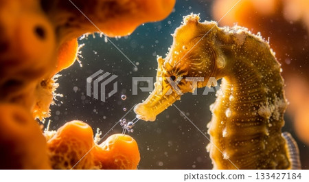 Golden yellow seahorse releasing air bubbles underwater with orange coral reef background in marine aquarium environment 133427184