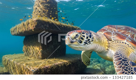 Green sea turtle swimming near coral-encrusted shipwreck anchor with tropical fish in clear blue ocean waters 133427185