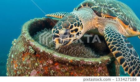 Hawksbill sea turtle feeding on coral polyps inside large barrel sponge structure on tropical coral reef underwater 133427186