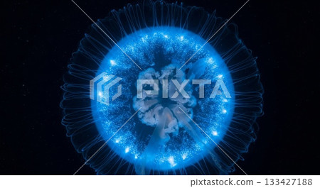 Luminous blue jellyfish with translucent bell and flowing tentacles swimming in deep dark ocean waters with bioluminescent glow effects 133427188