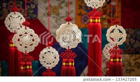 Traditional Chinese decorative tassels with white jade carved pendants featuring intricate floral patterns hanging against colorful fabric backdrop 133427205