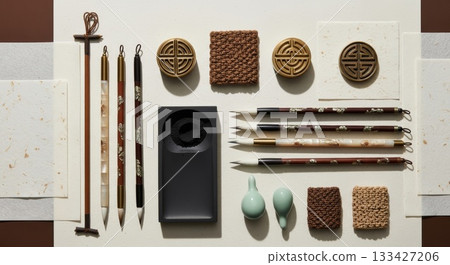 Traditional East Asian calligraphy supplies arranged flat lay with brushes inkstone seals and decorative ceramic tools on textured paper background Traditional East Asian calligraphy supplies arranged flat lay with brushes inkstone seals and decorative ceramic tools on textured paper background 133427206