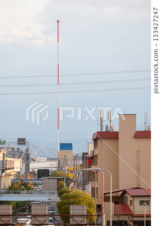 NHK Osaka Broadcasting Station, radio transmitter antenna and highway seen from Matsubara City 133427247