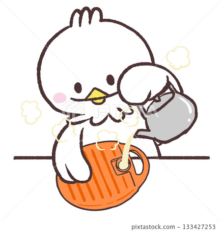 一隻白鳥正往熱水袋裡倒熱水。 一隻白鳥正往熱水袋裡倒熱水。 133427253