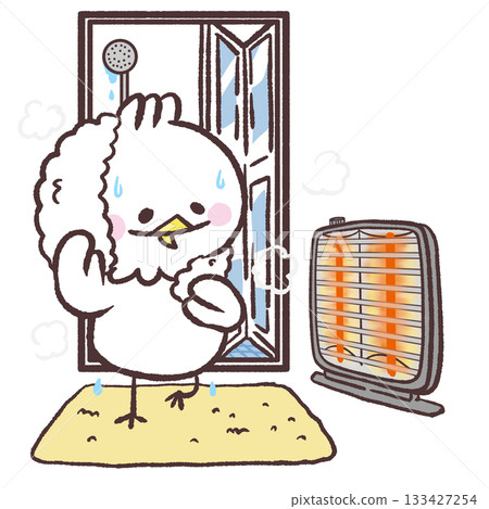 Illustration of a white bird warming up the changing room with a stove after taking a bath Illustration of a white bird warming up the changing room with a stove after taking a bath 133427254
