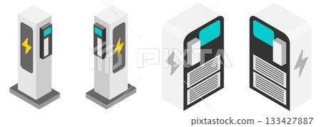 Isometric illustration of an EV charging stand, charging station. Vector illustration. Variations available. 133427887