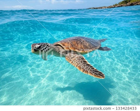 一隻海龜在碧綠的海水中游動（人工智慧生成圖像） 133428433