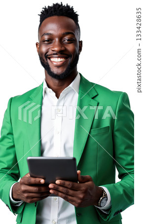 Businessman Green Jacket. A young Black man with short hair and a beard, wearing a bright green blazer over Businessman Green Jacket. A young Black man with short hair and a beard, wearing a bright green blazer over 133428635