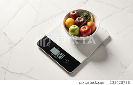 Minimalist Kitchen Scale - A digital scale with ceramic bowl and produce; close-up from above, soft daylight, palette of white 133428726