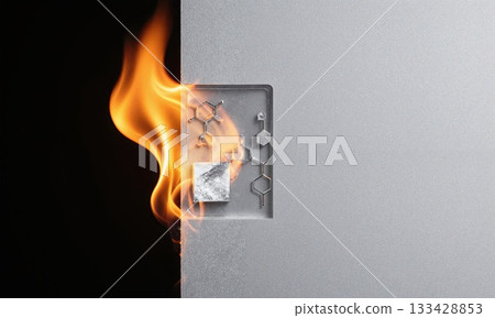 Antimony flame retardant Transparent materials showing antimony preventing fires, protective chemistry visible, safety applications demonstrated, fire test view, antimony silver 133428853