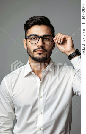Hispanic Male Leader in Focused Pose with Glasses Hispanic man, 30s, stubble, formal shirt, focused look while adjusting glasses, isolated 133428926