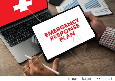 Emergency response plan activating emergency representing crisis management digital interface displaying emergency plan Emergency response plan activating emergency representing crisis management digital interface displaying emergency plan 133429291