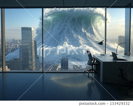 Tsunami seen from a glass office building in a high-rise building 133429332