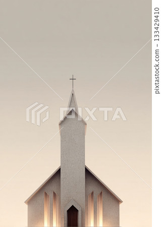 Minimalist Church Facade with Steeple and Cross Against Spiritual Sky 133429410