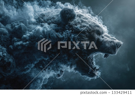 Roaring Bear Head Sculpted from Smoke Against Dark Forest Background 133429411