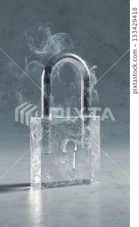 Translucent Smoke Padlock Unlocking on Concrete Gray Background 133429418