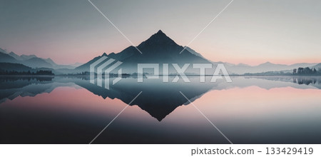 Symmetrical Mountain Reflection in Misty Lake at Dawn Symmetrical Mountain Reflection in Misty Lake at Dawn 133429419