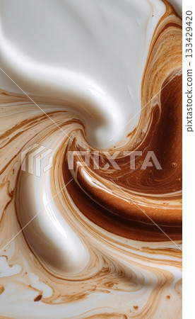 Artistic Macro Close-Up of Soup Surface with Cream Swirl in Abstract Patterns 133429420