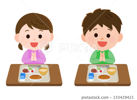 男孩和女孩吃學校午餐的插圖 133429421
