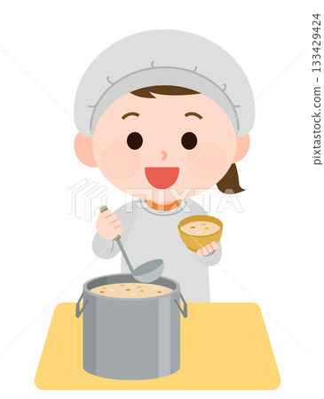 Illustration of a girl serving stew on lunch duty 133429424
