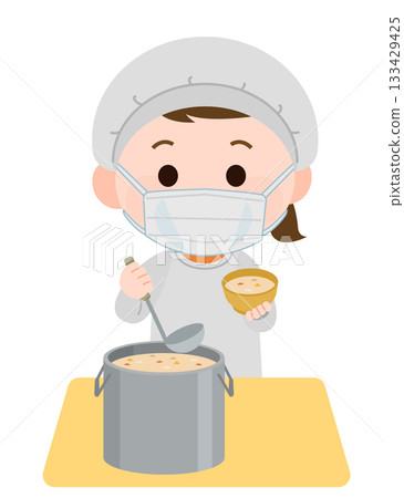 戴著口罩的女孩在午餐時間負責盛燉菜(插圖) 戴著口罩的女孩在午餐時間負責盛燉菜(插圖) 133429425