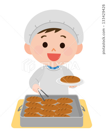 圖：一名男孩在午餐值班時分送麵包 133429426