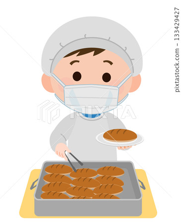 Boy on lunch duty serving bread wearing a mask Illustration 133429427