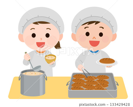 Illustration of two girls serving food on school lunch duty Illustration of two girls serving food on school lunch duty 133429428