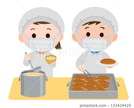 Girls and girls serving food on school lunch duty wearing masks illustration Girls and girls serving food on school lunch duty wearing masks illustration 133429429