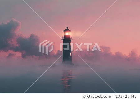 Mystical Lighthouse in Foggy Twilight with Soft Glow 133429443